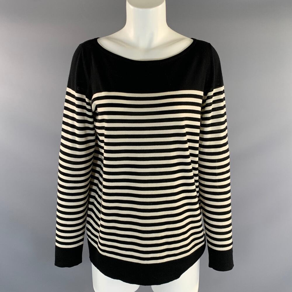AKRIS Size M White Black Wool Stripe Scoop Neck Pullover Womens